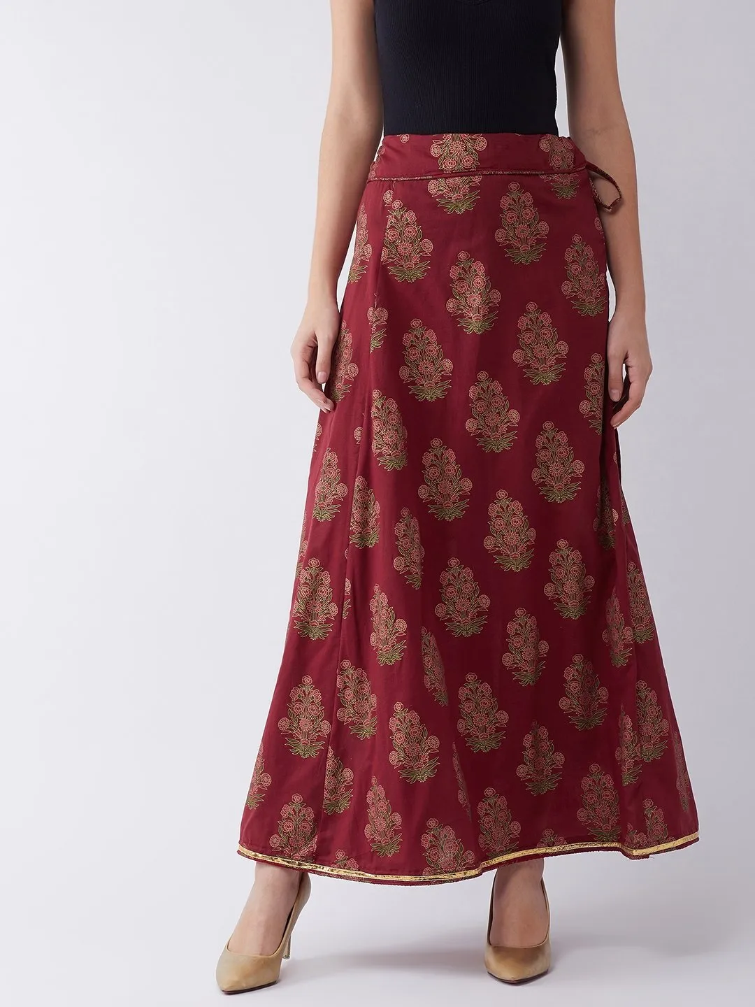 Maroon Gold Boota Print Skirt