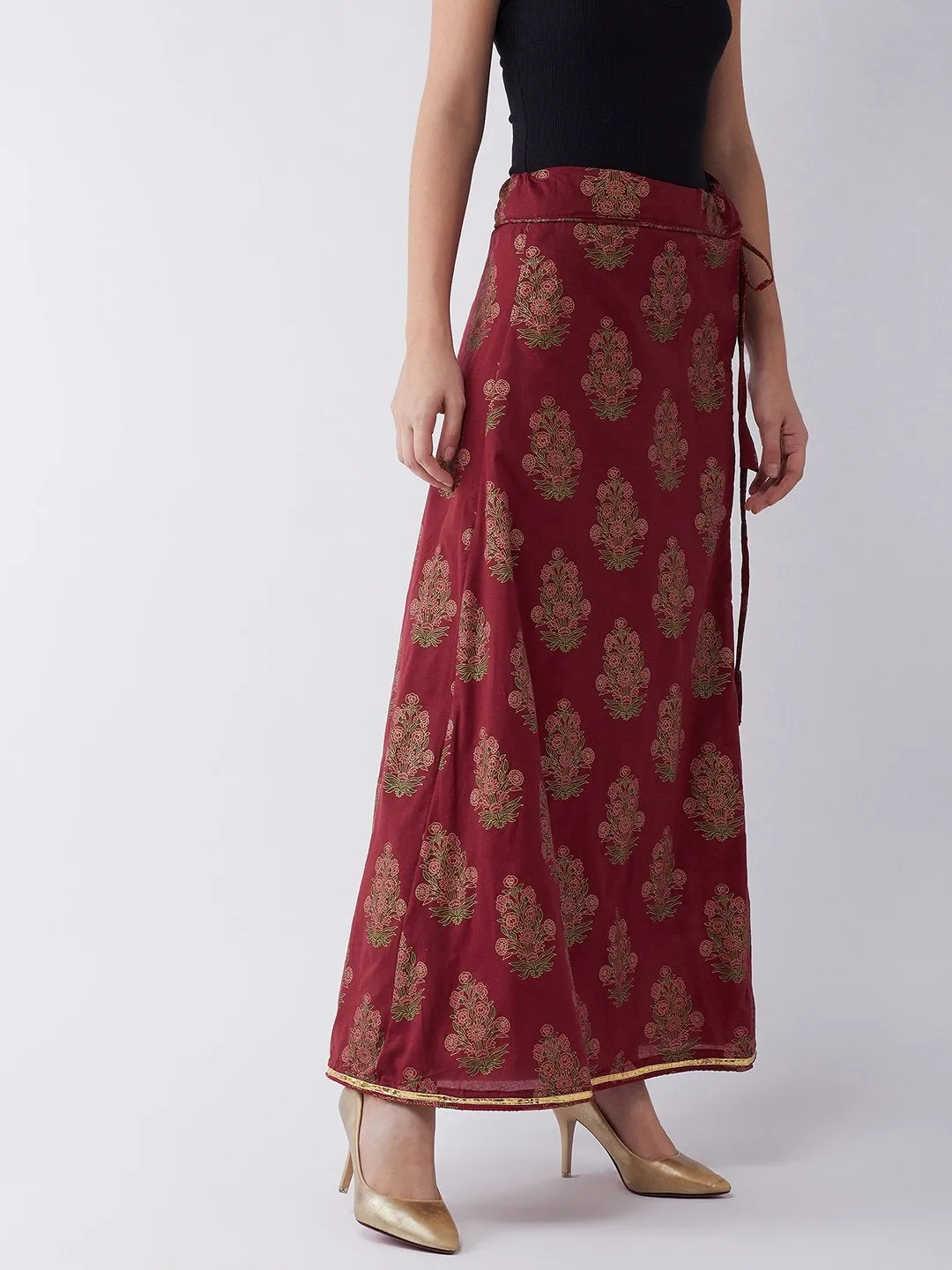 Maroon Gold Boota Print Skirt