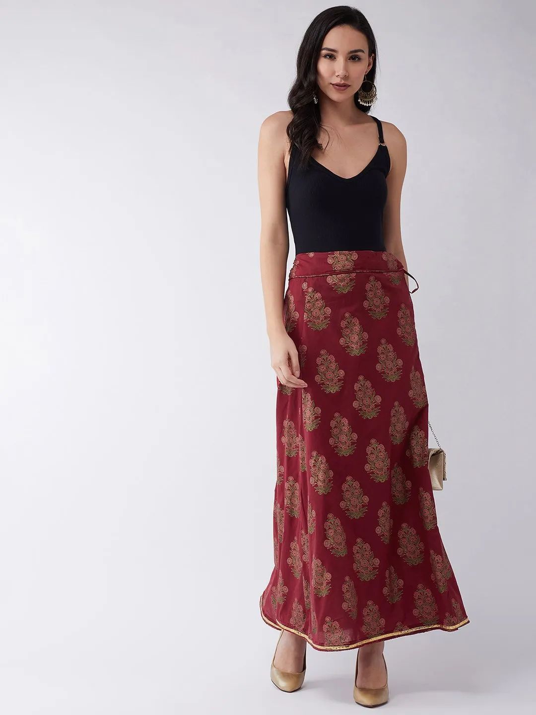 Maroon Gold Boota Print Skirt