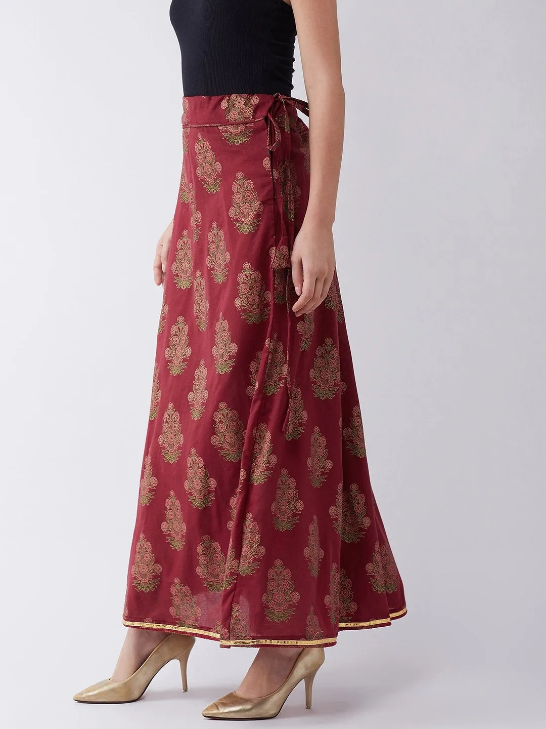 Maroon Gold Boota Print Skirt