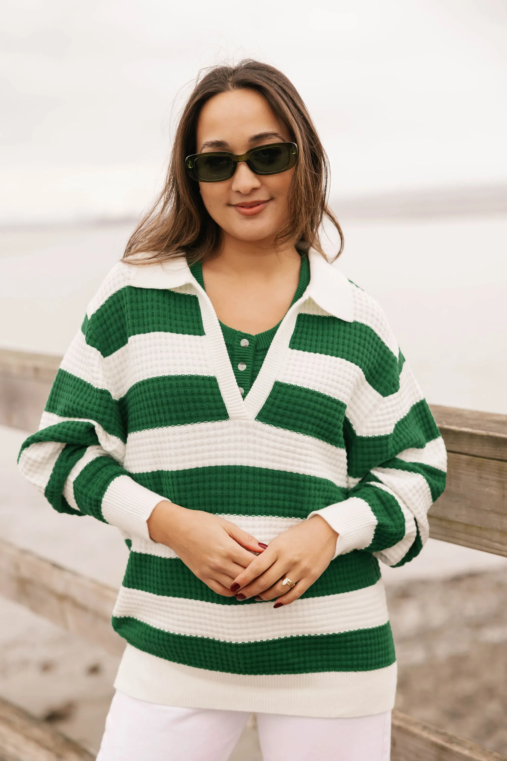 Megan Waffle Sweater in Blooming Green Stripe