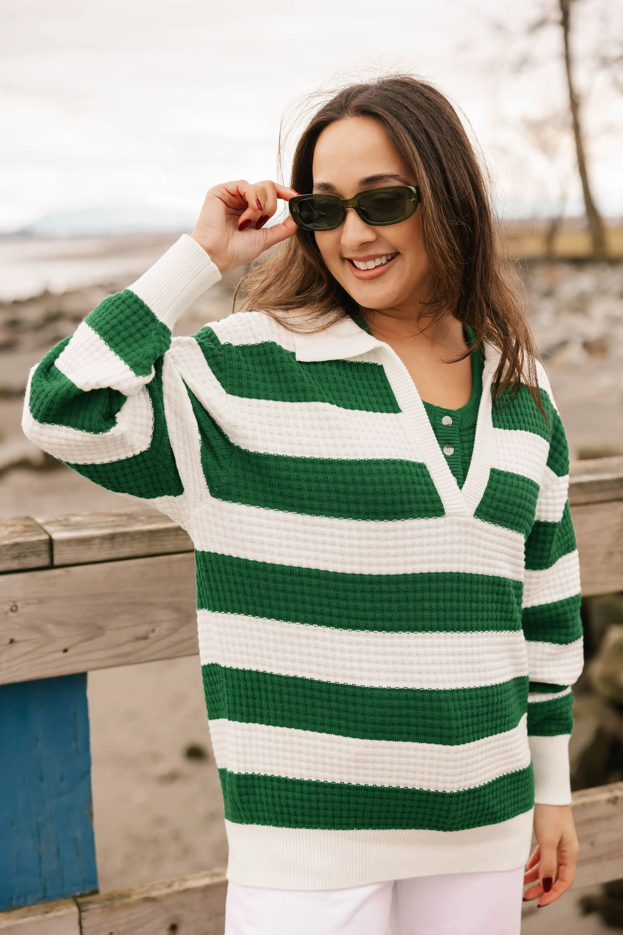 Megan Waffle Sweater in Blooming Green Stripe