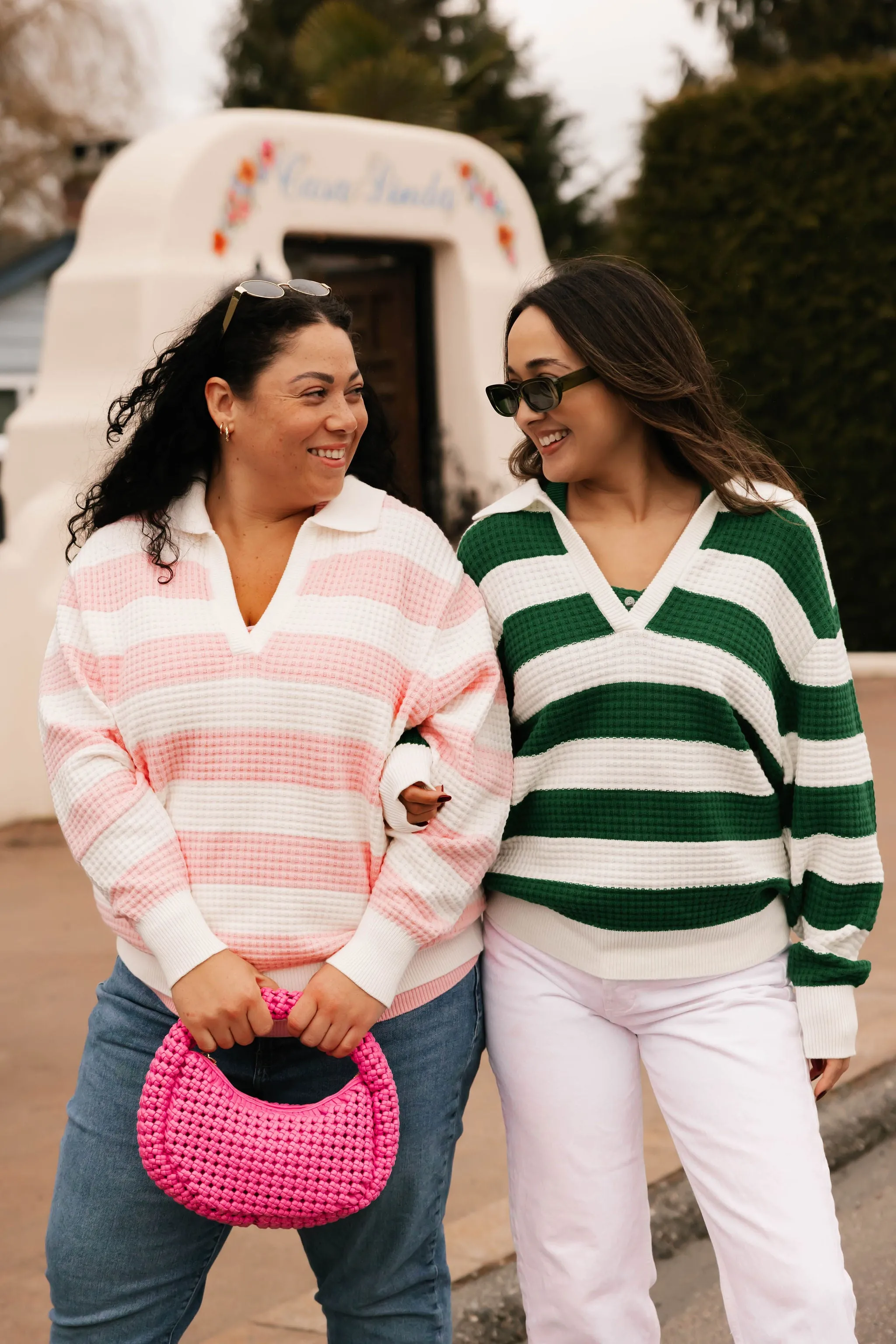 Megan Waffle Sweater in Blooming Green Stripe