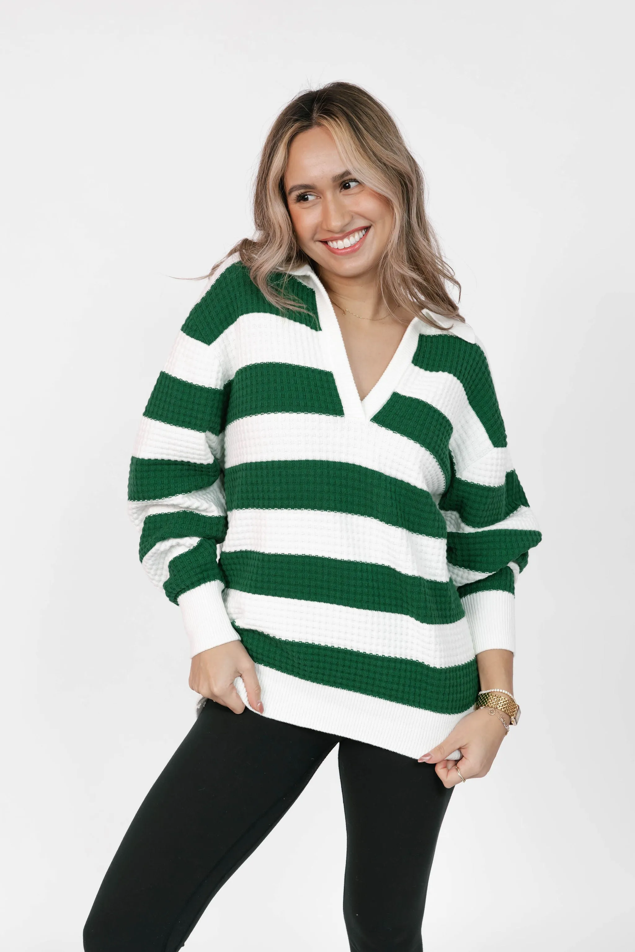 Megan Waffle Sweater in Blooming Green Stripe