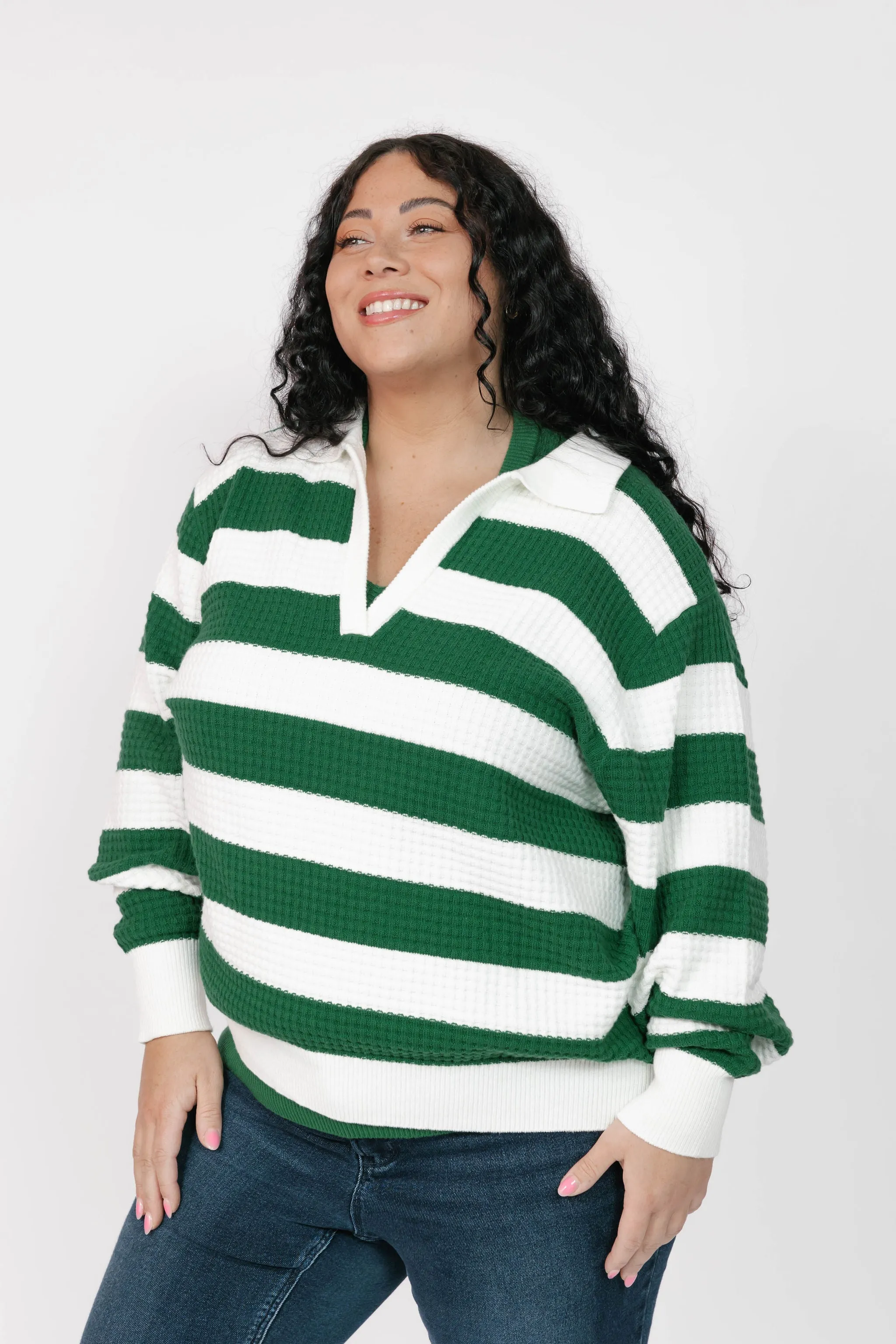 Megan Waffle Sweater in Blooming Green Stripe