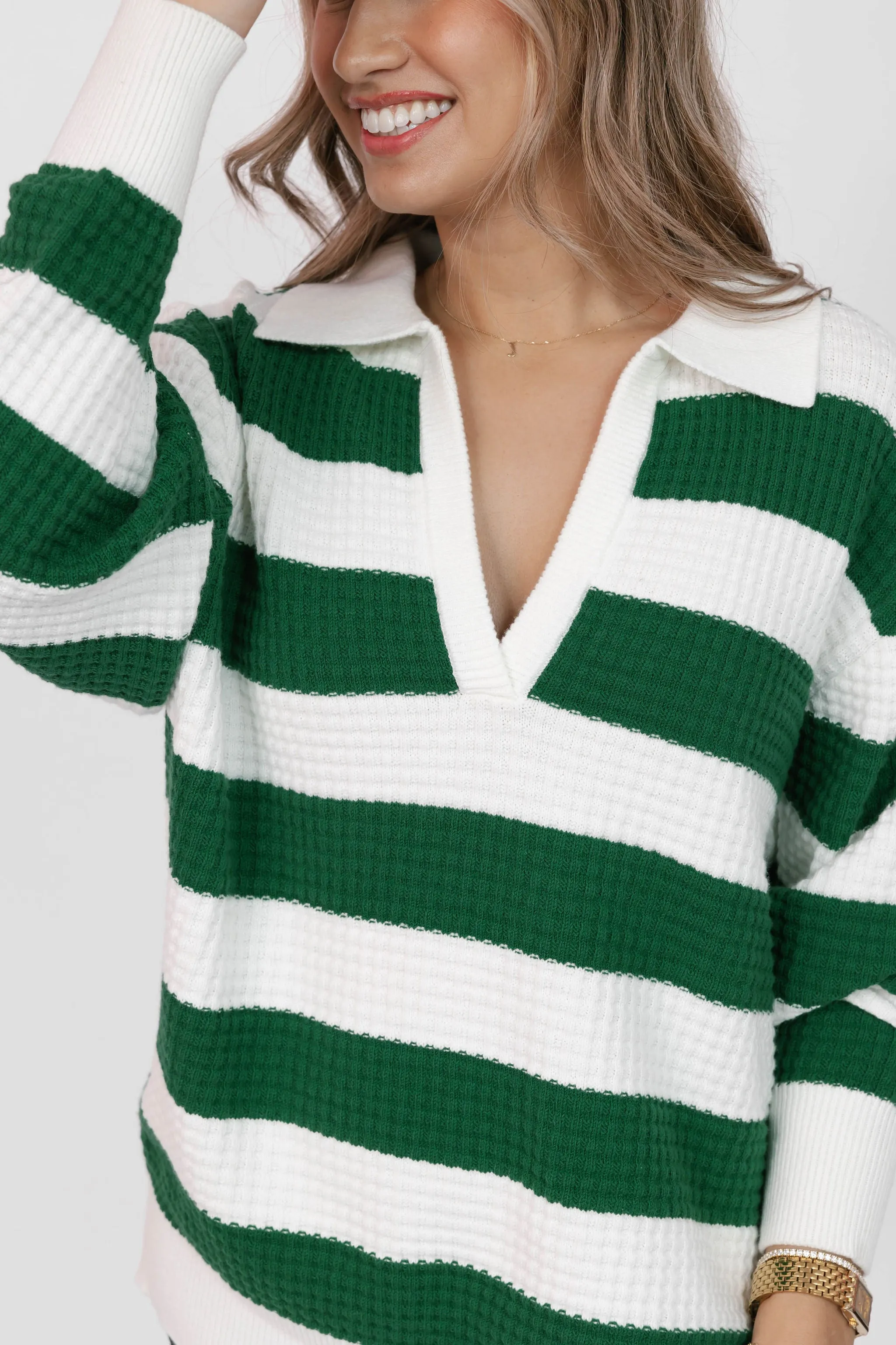 Megan Waffle Sweater in Blooming Green Stripe