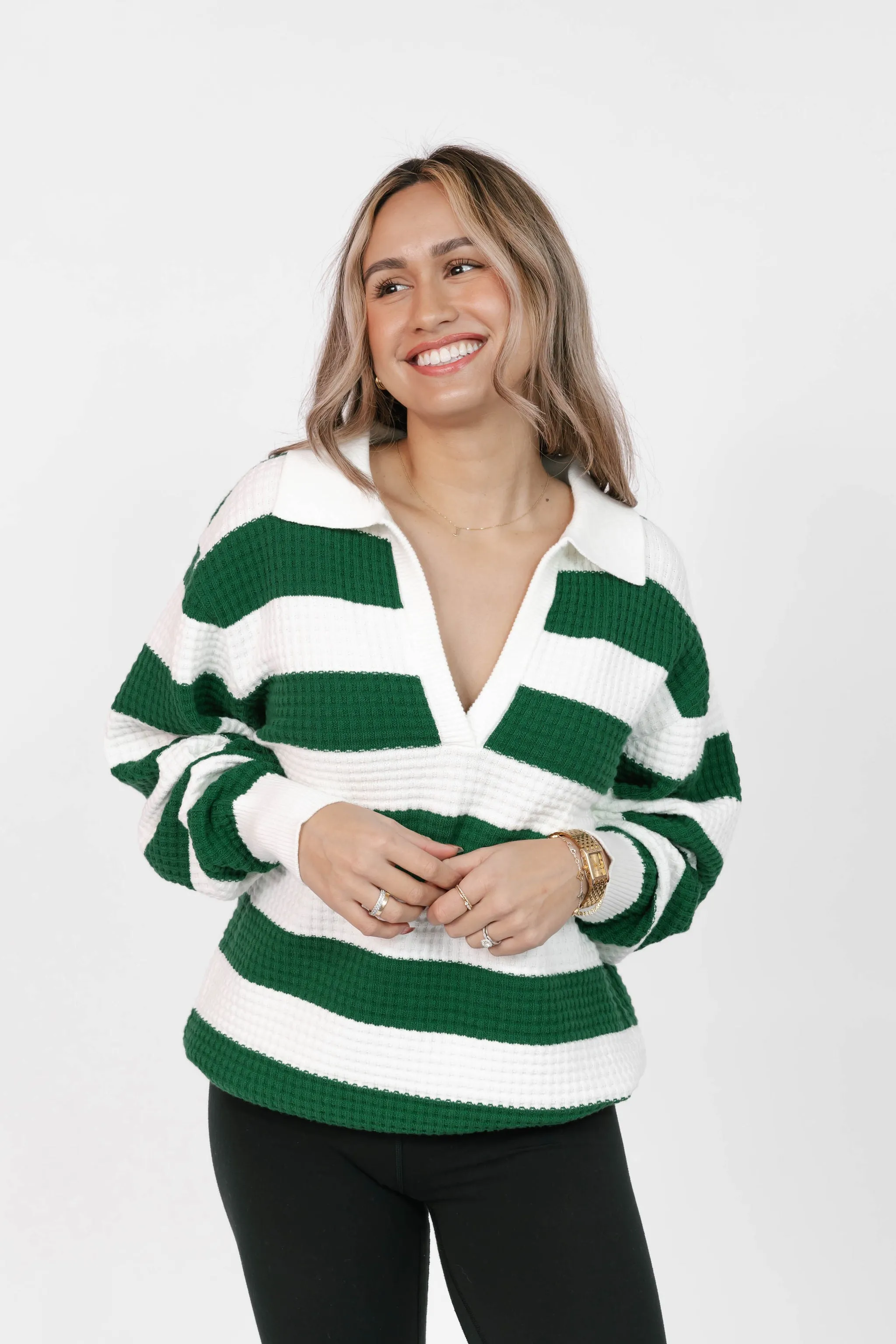 Megan Waffle Sweater in Blooming Green Stripe