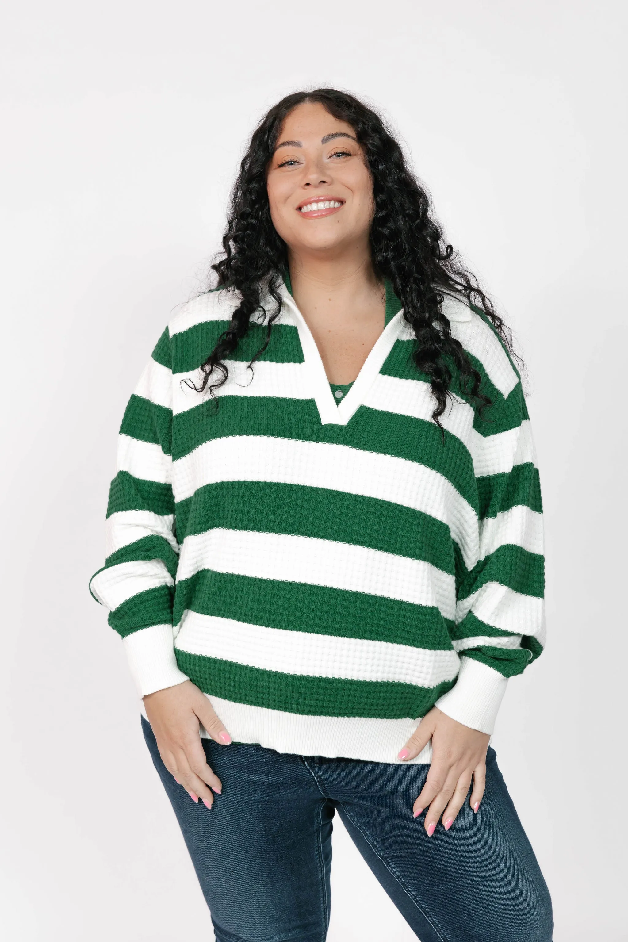 Megan Waffle Sweater in Blooming Green Stripe