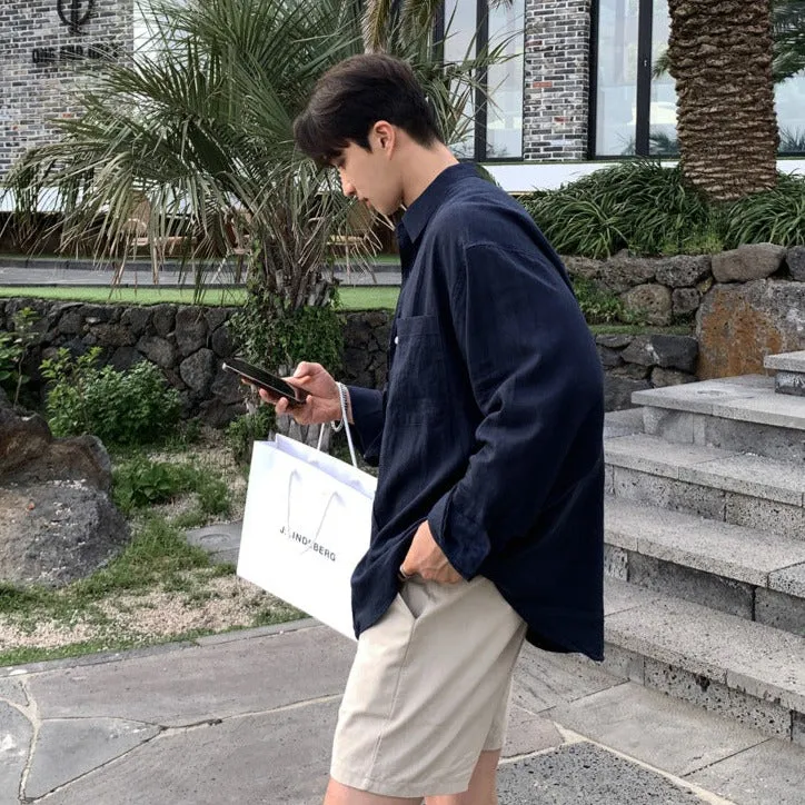 Men's Casual Oversized Linen Shirt with Round Collar