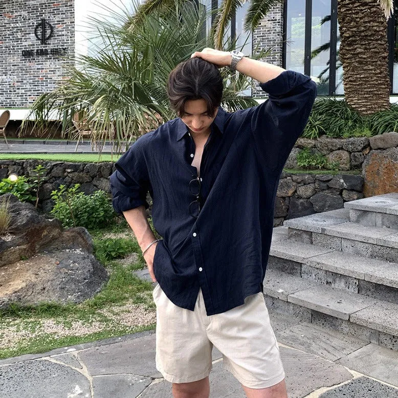 Men's Casual Oversized Linen Shirt with Round Collar