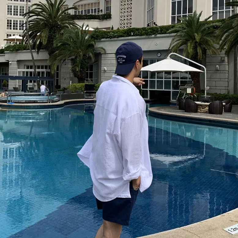 Men's Casual Oversized Linen Shirt with Round Collar