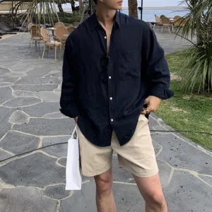 Men's Casual Oversized Linen Shirt with Round Collar