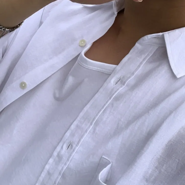 Men's Casual Oversized Linen Shirt with Round Collar