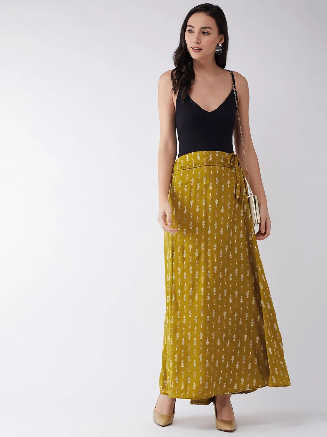 Mustard White Print Skirt