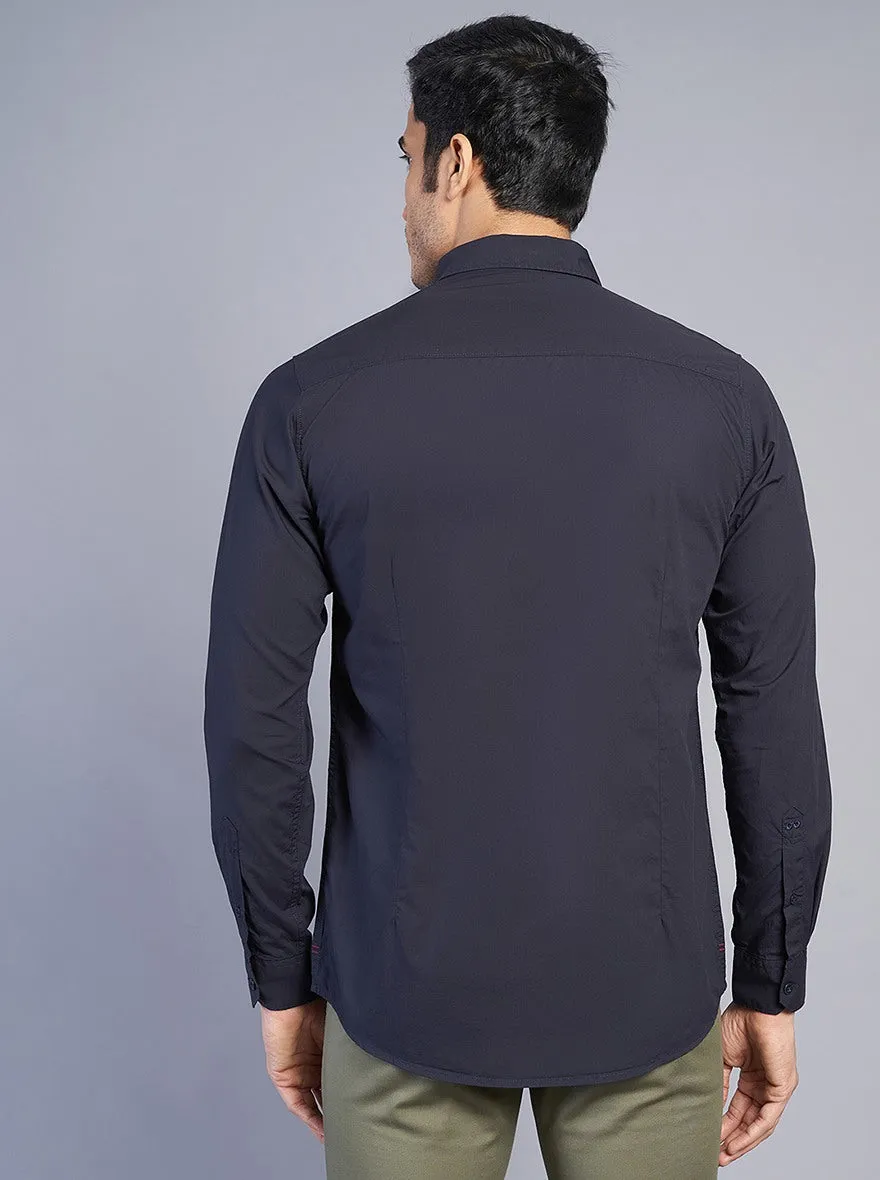 Navy Blue Solid Slim Fit Casual Shirt | JadeBlue