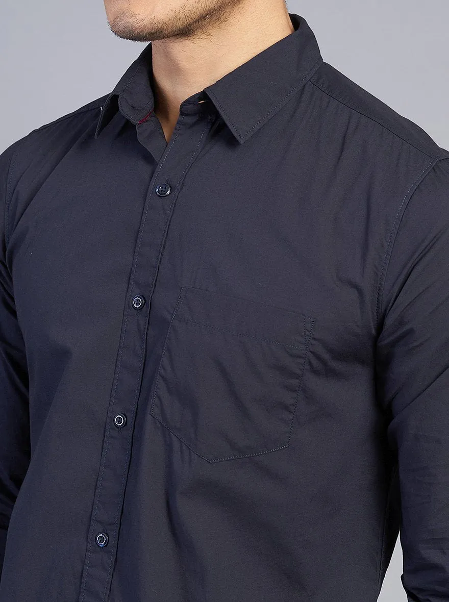 Navy Blue Solid Slim Fit Casual Shirt | JadeBlue