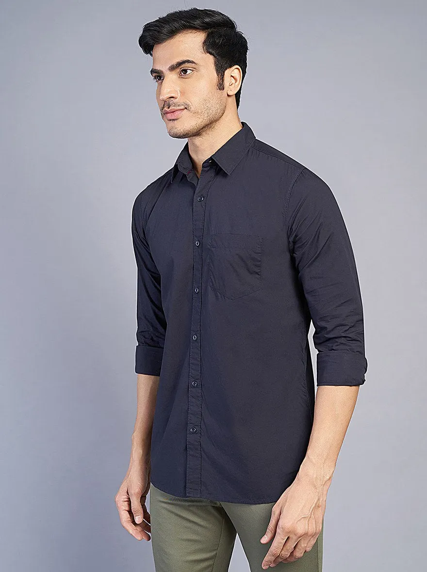 Navy Blue Solid Slim Fit Casual Shirt | JadeBlue