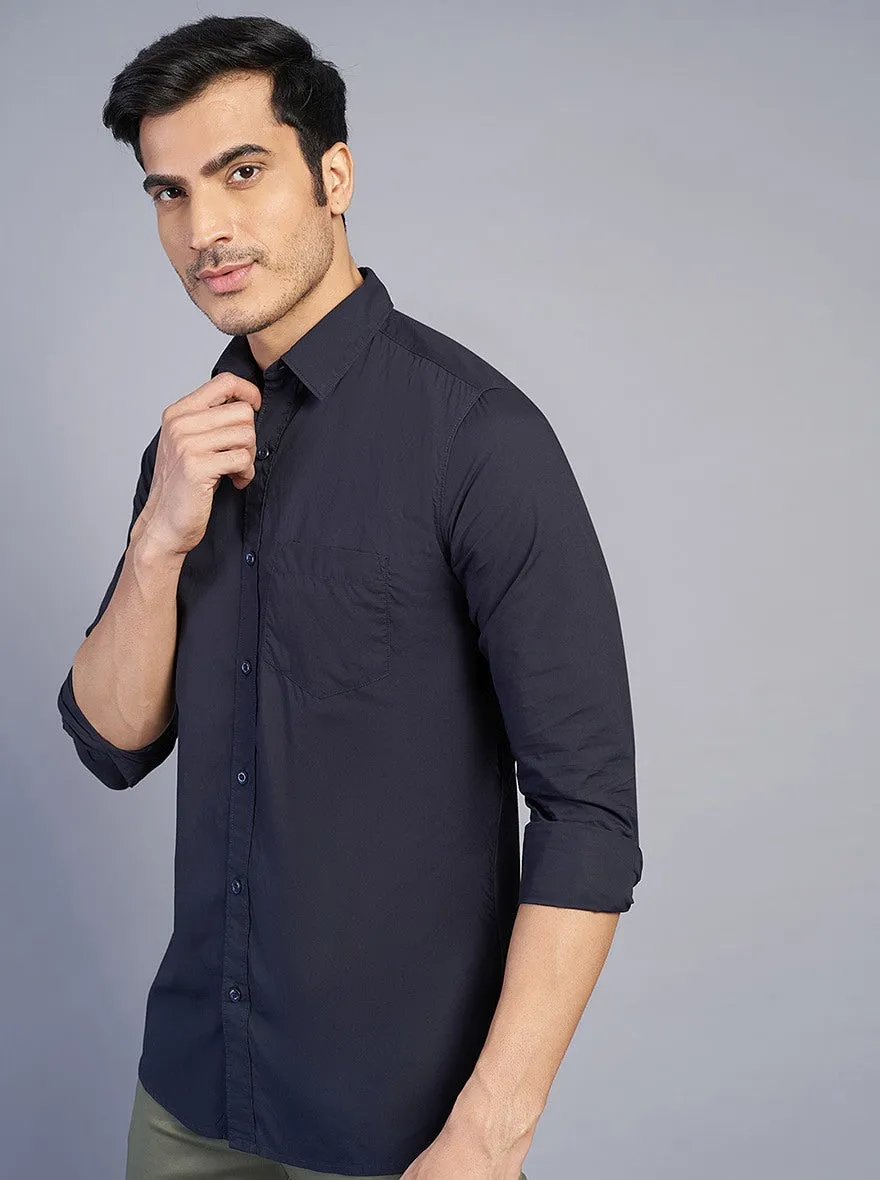 Navy Blue Solid Slim Fit Casual Shirt | JadeBlue