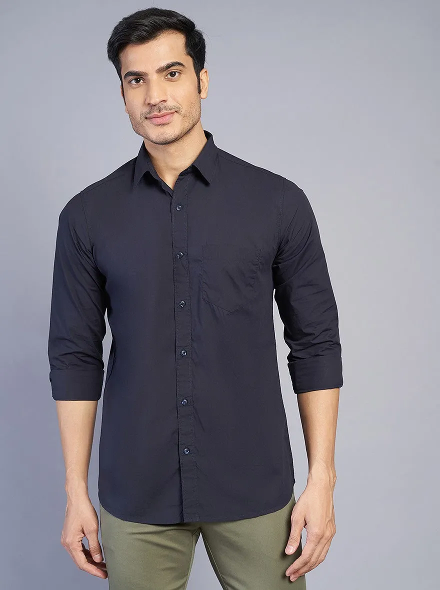 Navy Blue Solid Slim Fit Casual Shirt | JadeBlue