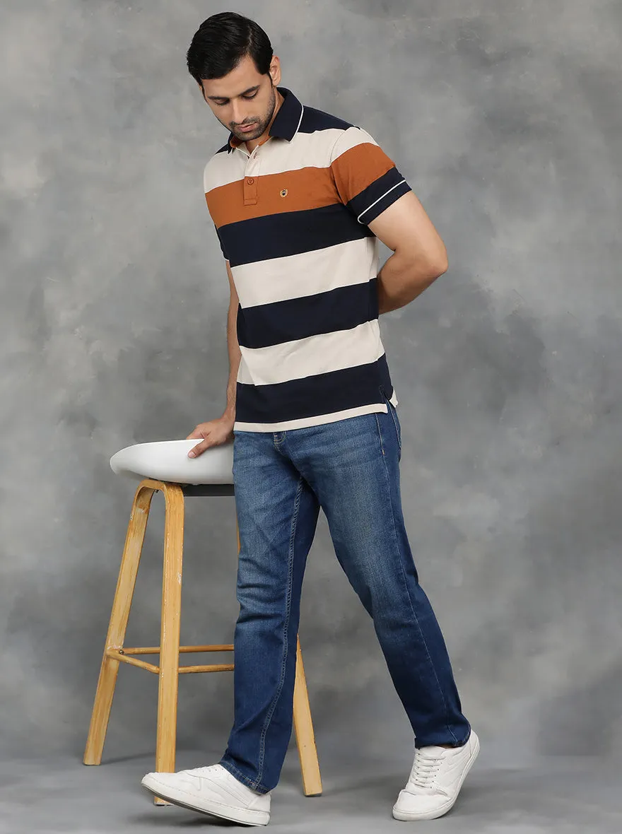 Navy Blue Striped Slim Fit Polo T-Shirt | JadeBlue