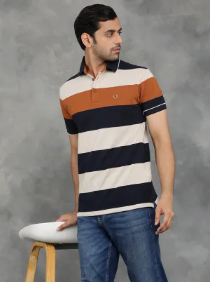 Navy Blue Striped Slim Fit Polo T-Shirt | JadeBlue