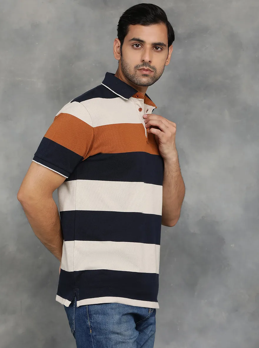 Navy Blue Striped Slim Fit Polo T-Shirt | JadeBlue