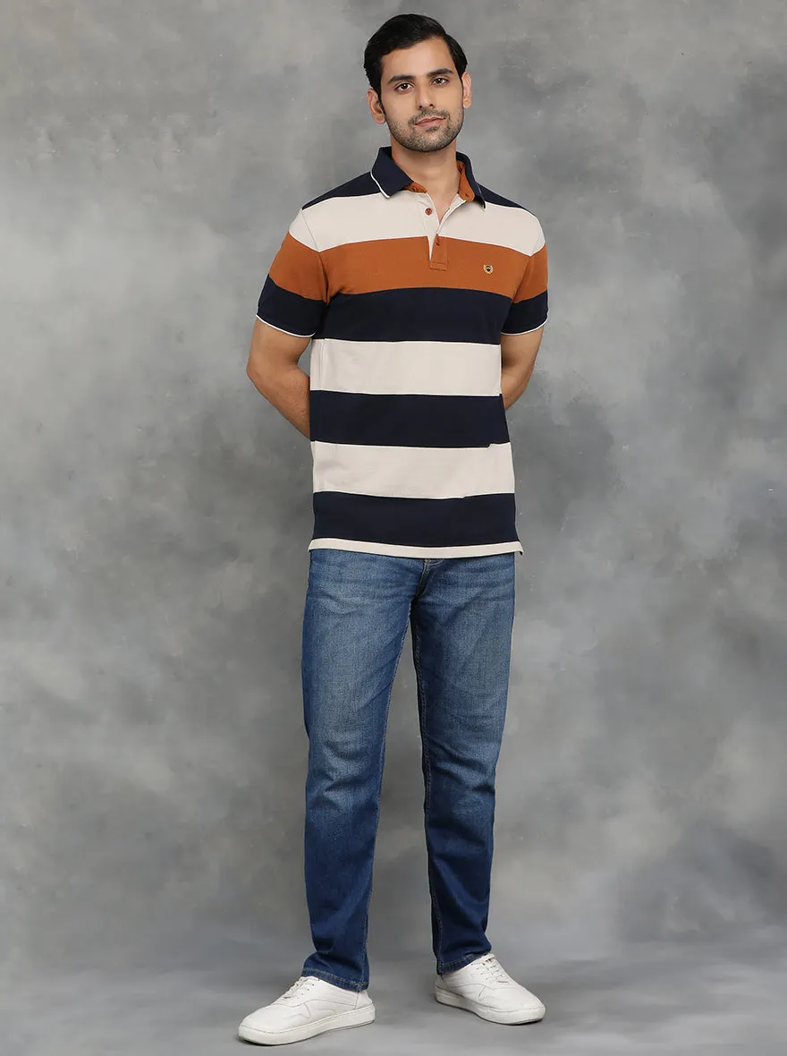 Navy Blue Striped Slim Fit Polo T-Shirt | JadeBlue
