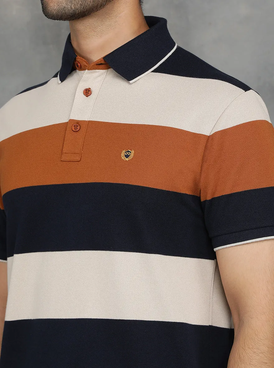 Navy Blue Striped Slim Fit Polo T-Shirt | JadeBlue