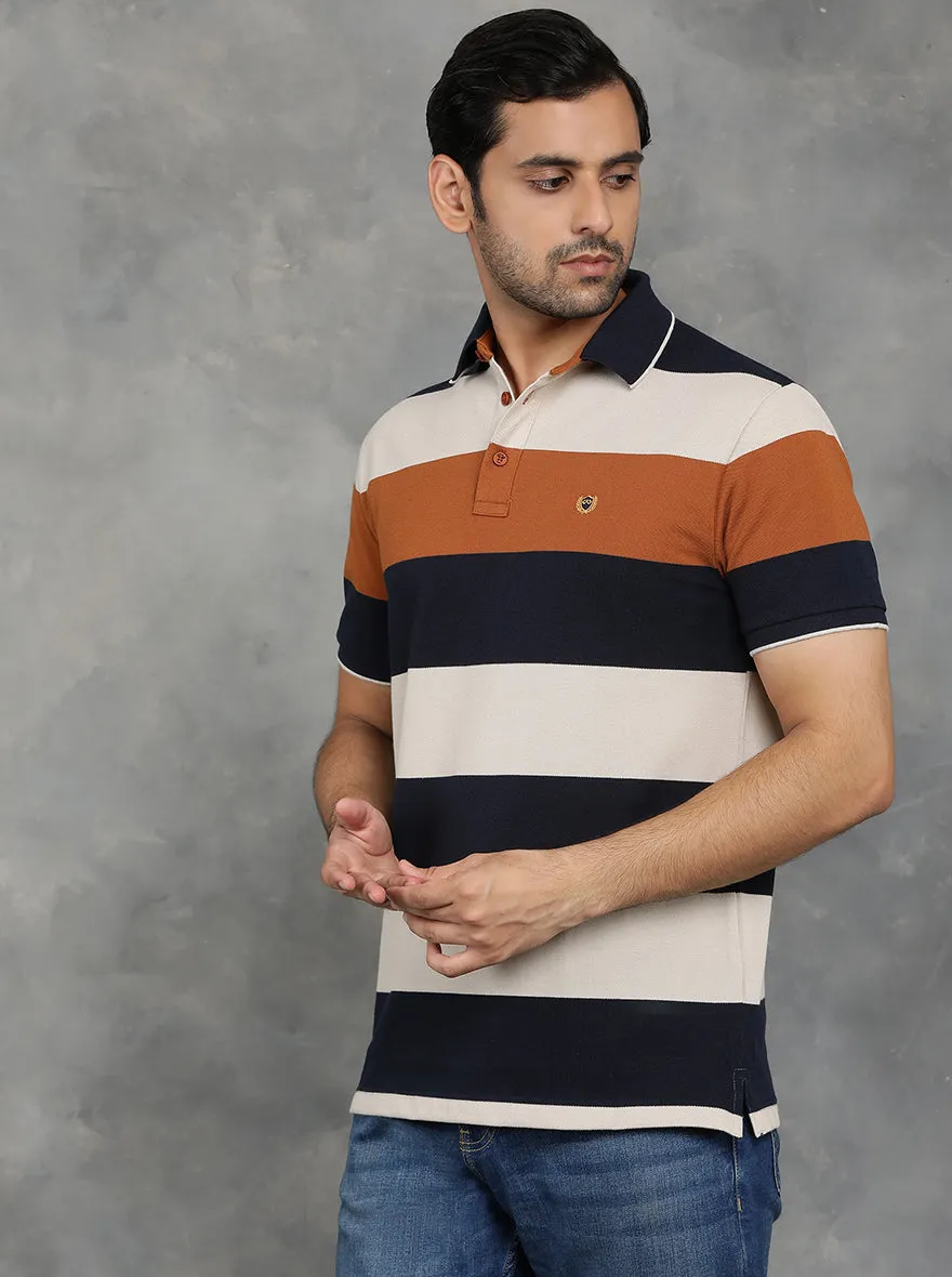 Navy Blue Striped Slim Fit Polo T-Shirt | JadeBlue