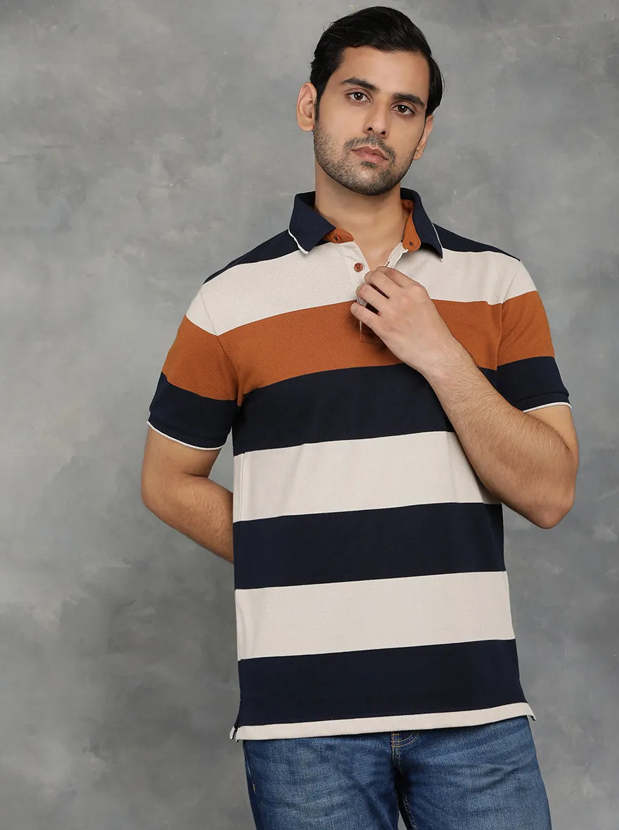 Navy Blue Striped Slim Fit Polo T-Shirt | JadeBlue