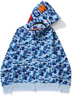 NEW Unisex BAPE Dupe Blue Camouflage Shark Head Sweater Hoodie Jacket Coat Winter Full Zip, Men's M