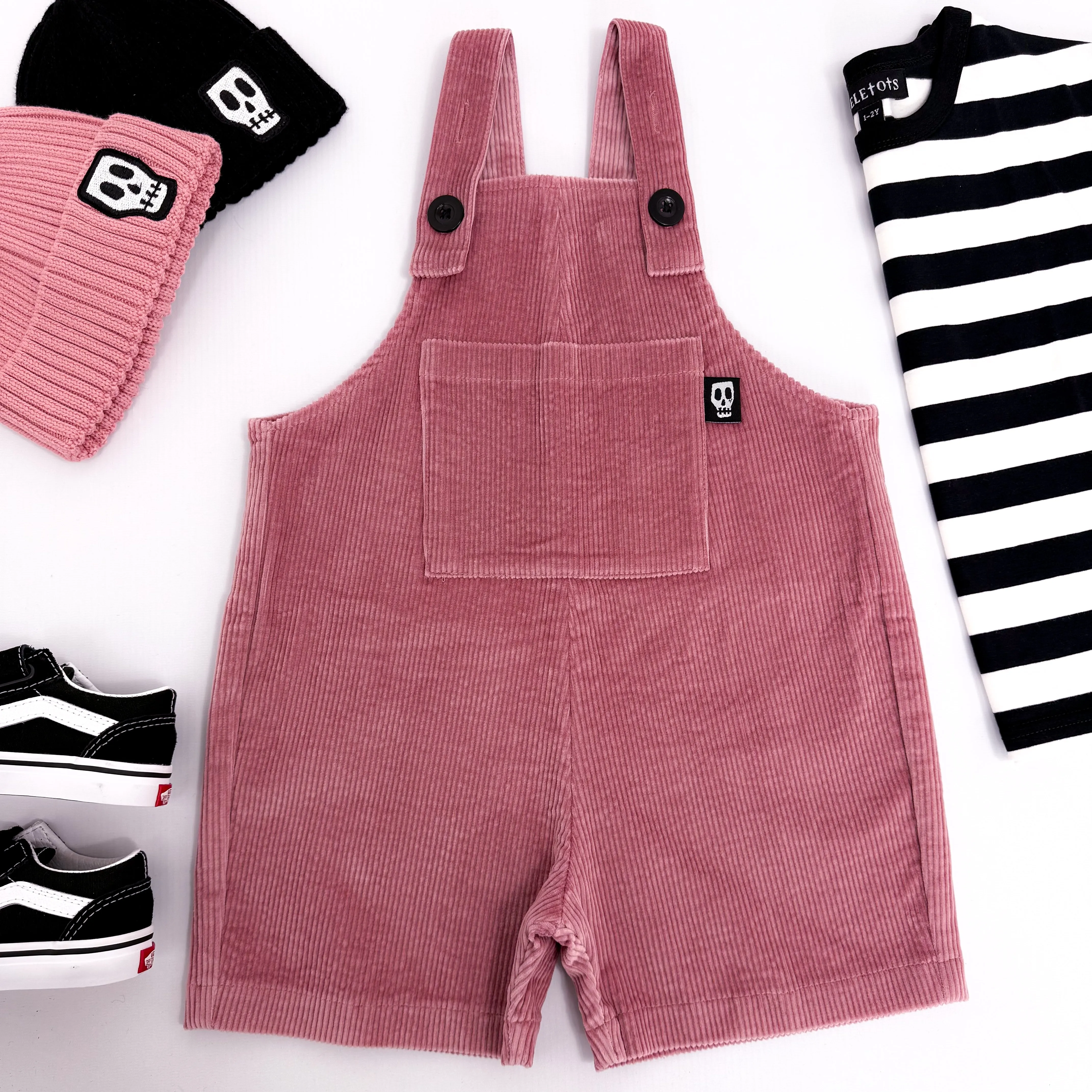 NOT SO BASIC DUSKY ROSE PINK CORDUROY SHORT DUNGAREES