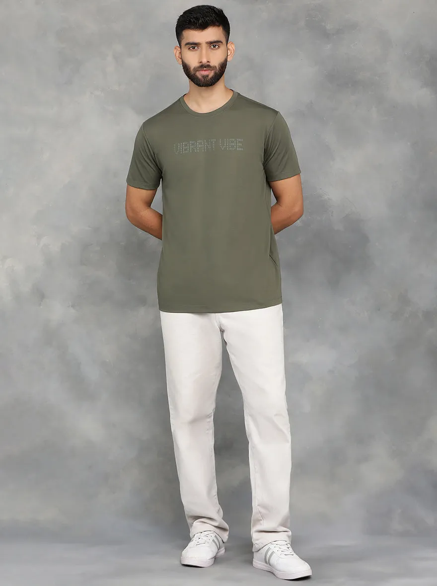 Olive Green Printed Slim Fit T-Shirt | JadeBlue