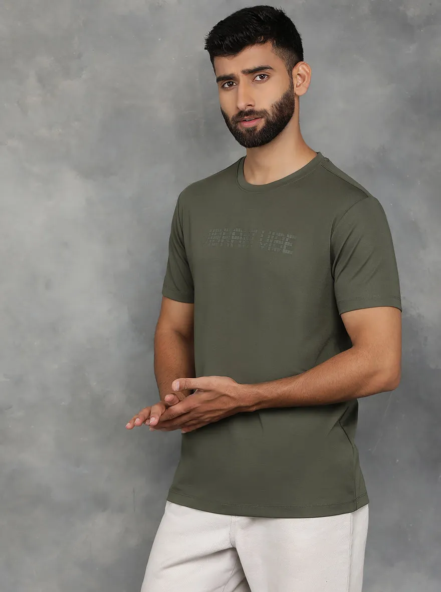Olive Green Printed Slim Fit T-Shirt | JadeBlue