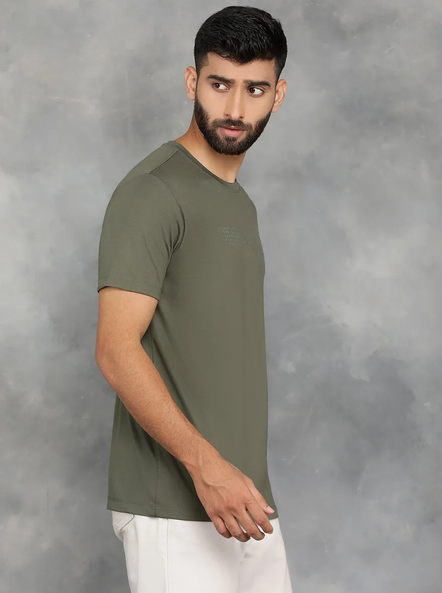 Olive Green Printed Slim Fit T-Shirt | JadeBlue
