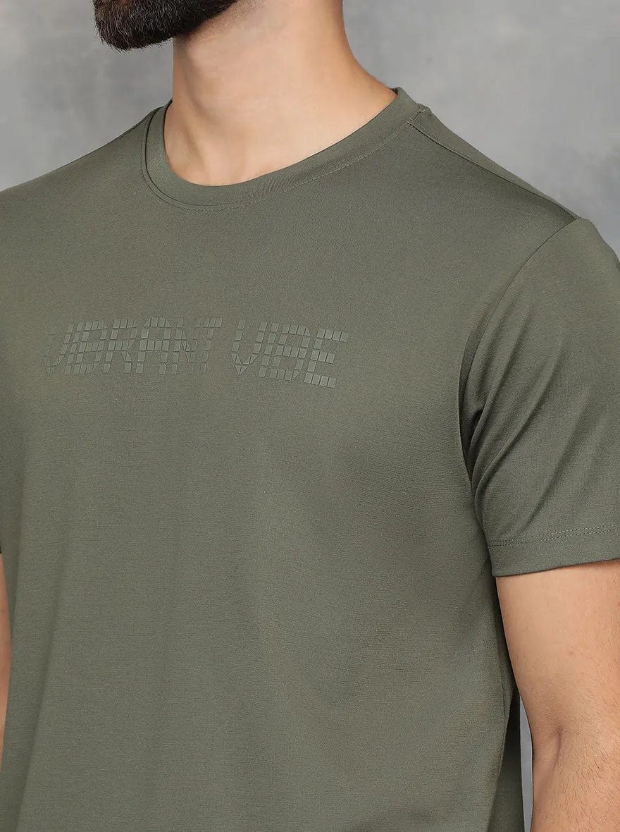 Olive Green Printed Slim Fit T-Shirt | JadeBlue