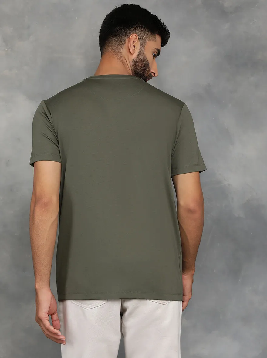 Olive Green Printed Slim Fit T-Shirt | JadeBlue