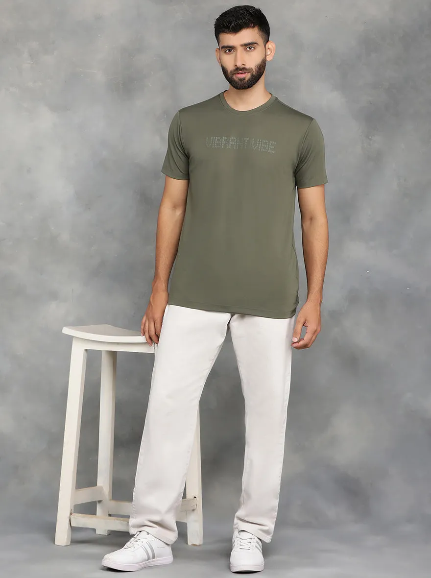 Olive Green Printed Slim Fit T-Shirt | JadeBlue