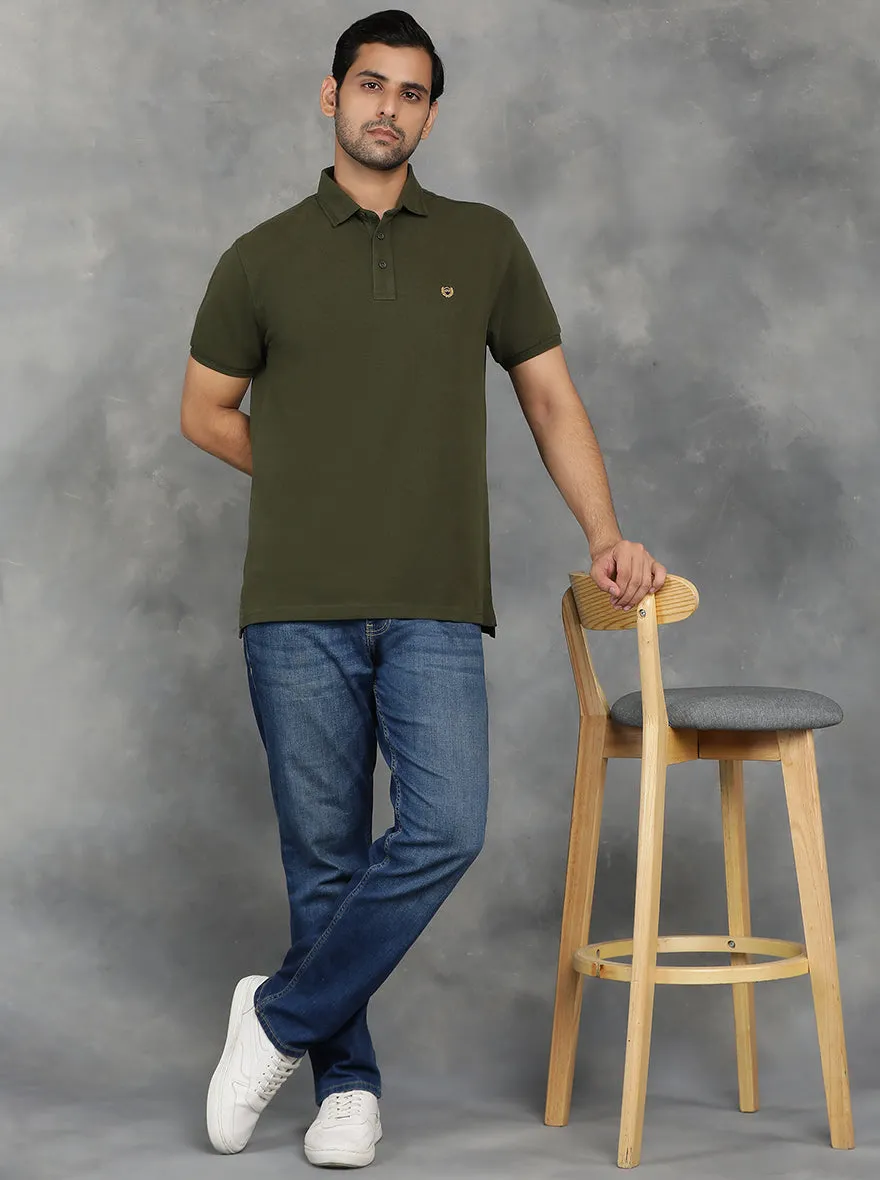 Olive Green Solid Slim Fit Polo T-Shirt | JadeBlue