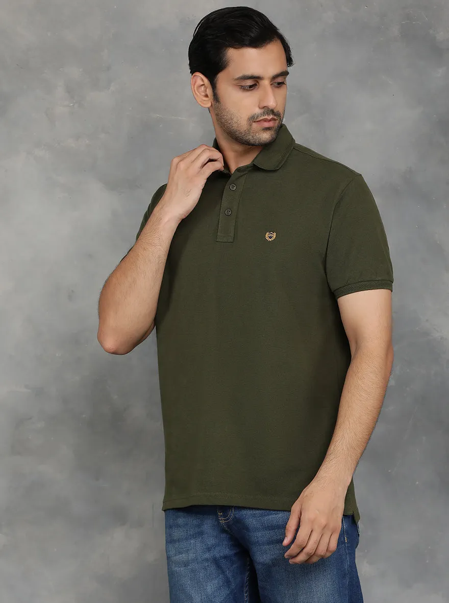 Olive Green Solid Slim Fit Polo T-Shirt | JadeBlue