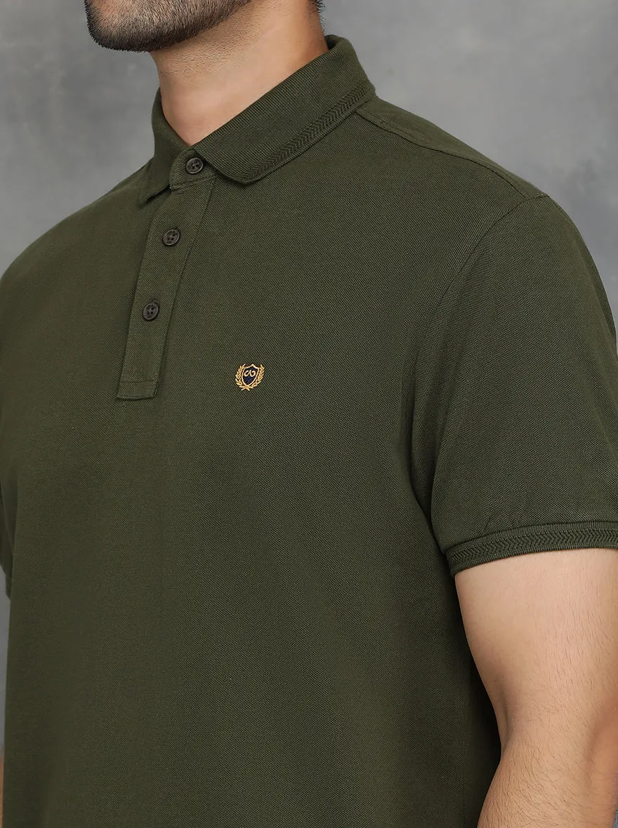 Olive Green Solid Slim Fit Polo T-Shirt | JadeBlue