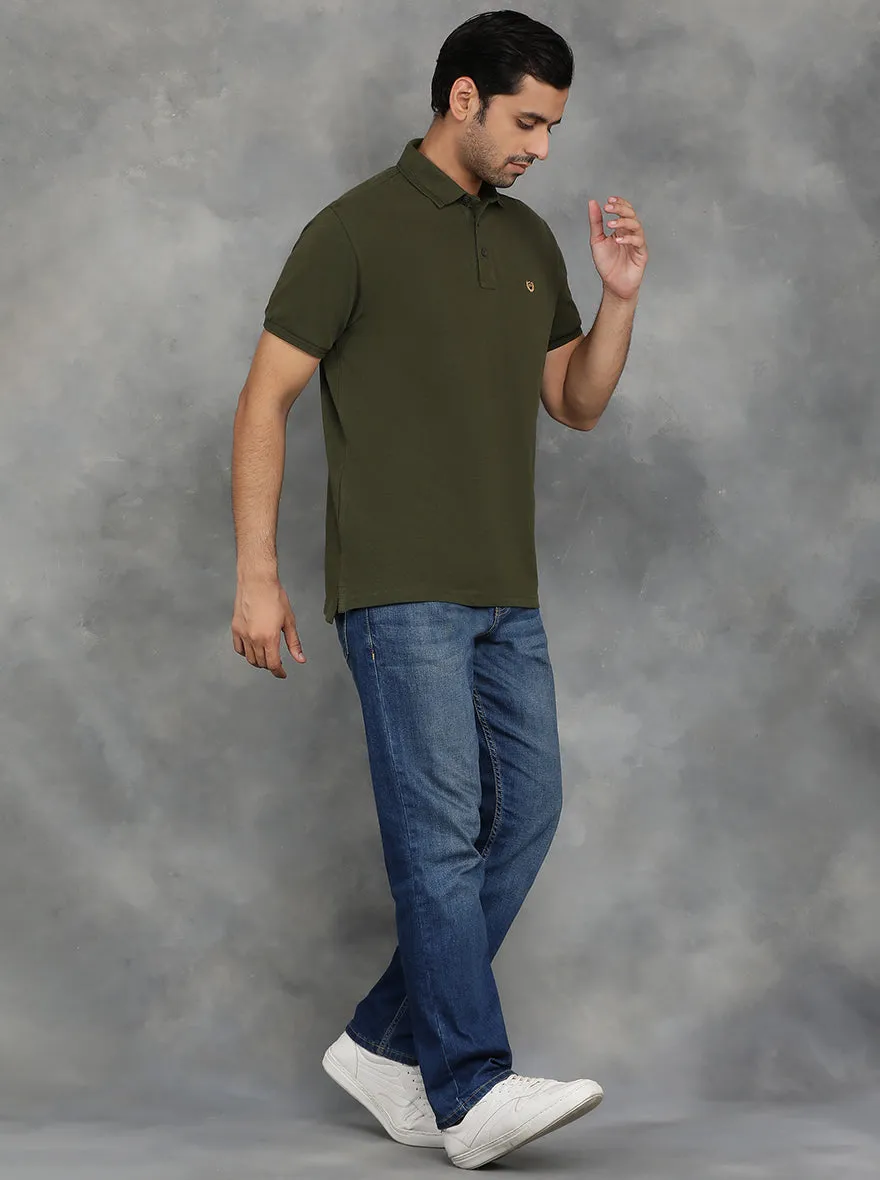 Olive Green Solid Slim Fit Polo T-Shirt | JadeBlue