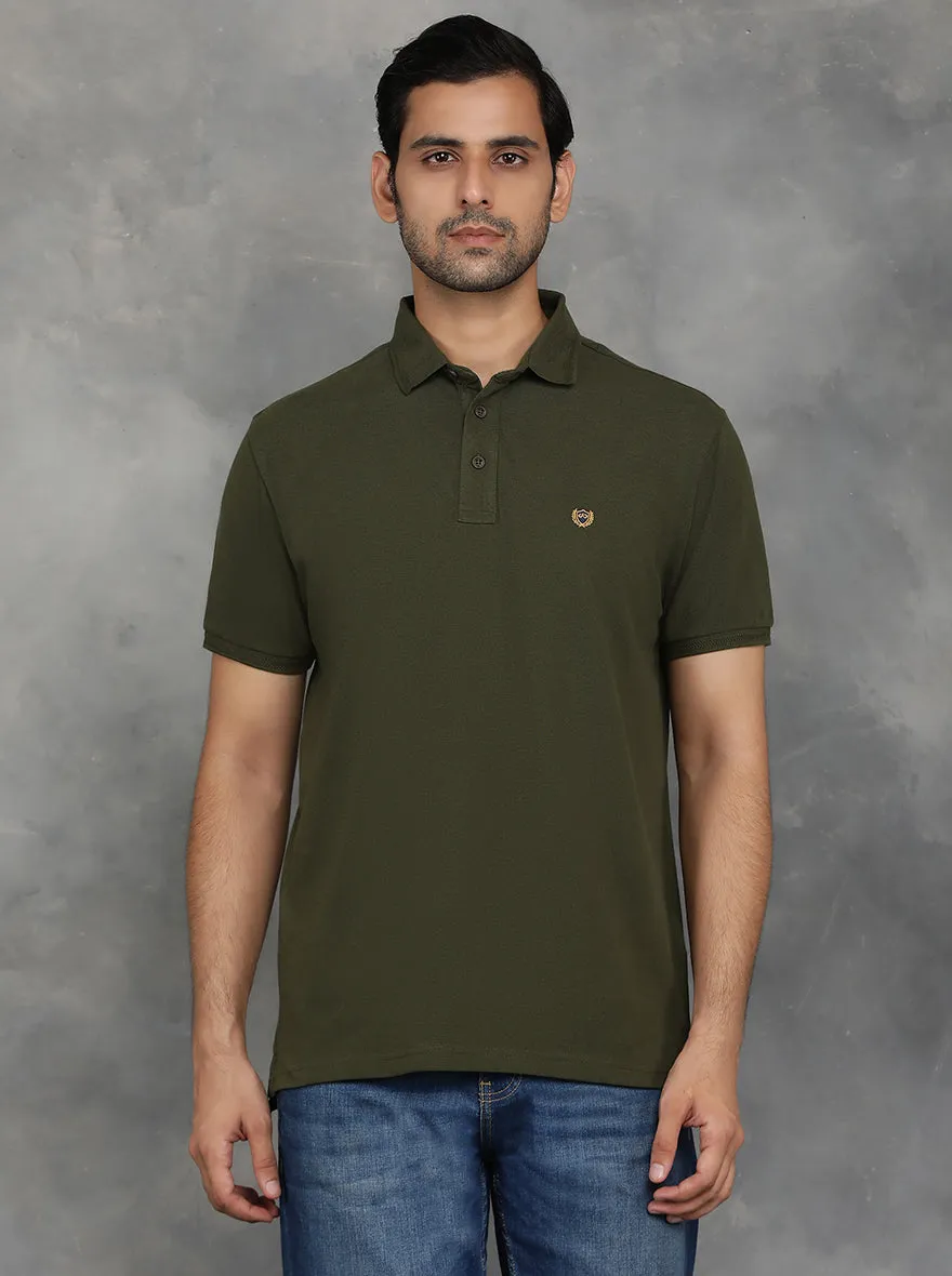 Olive Green Solid Slim Fit Polo T-Shirt | JadeBlue