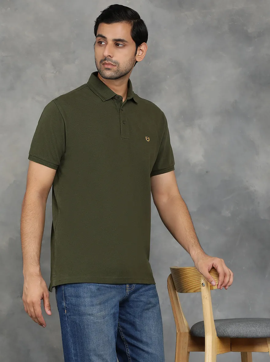 Olive Green Solid Slim Fit Polo T-Shirt | JadeBlue