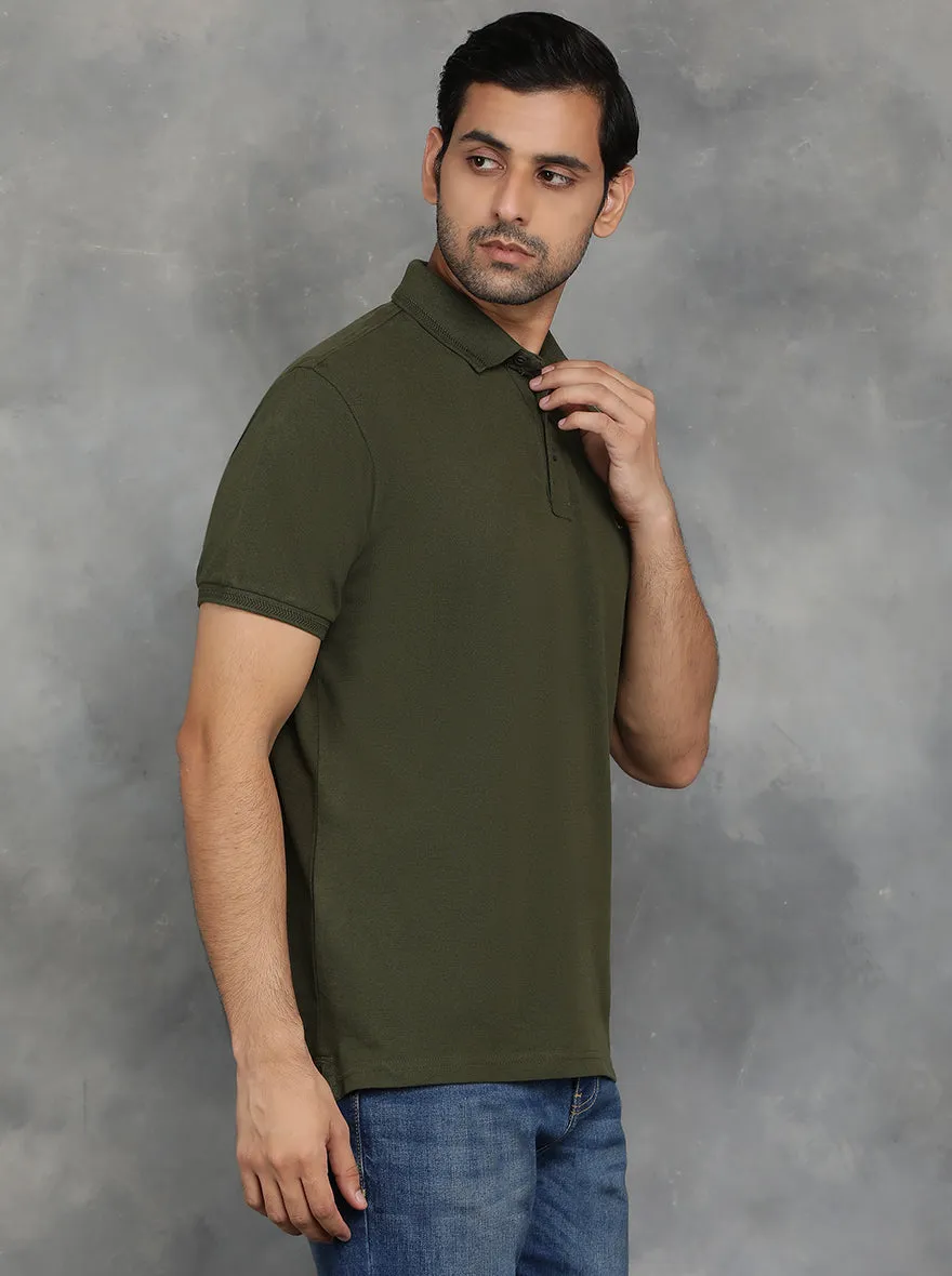 Olive Green Solid Slim Fit Polo T-Shirt | JadeBlue
