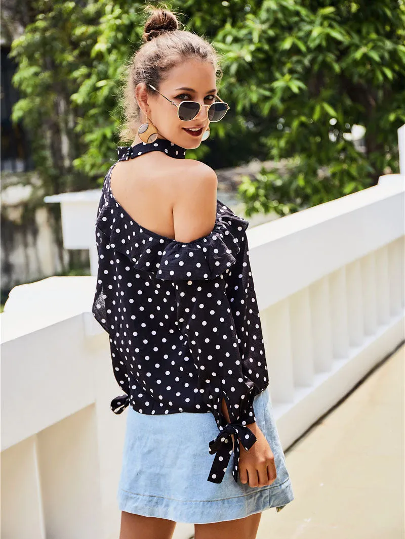 Original Design Off-shoulder Sleeves Women's Shirt Wave Point Hanging Neck Top