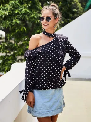 Original Design Off-shoulder Sleeves Women's Shirt Wave Point Hanging Neck Top