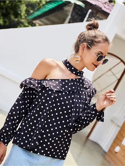 Original Design Off-shoulder Sleeves Women's Shirt Wave Point Hanging Neck Top