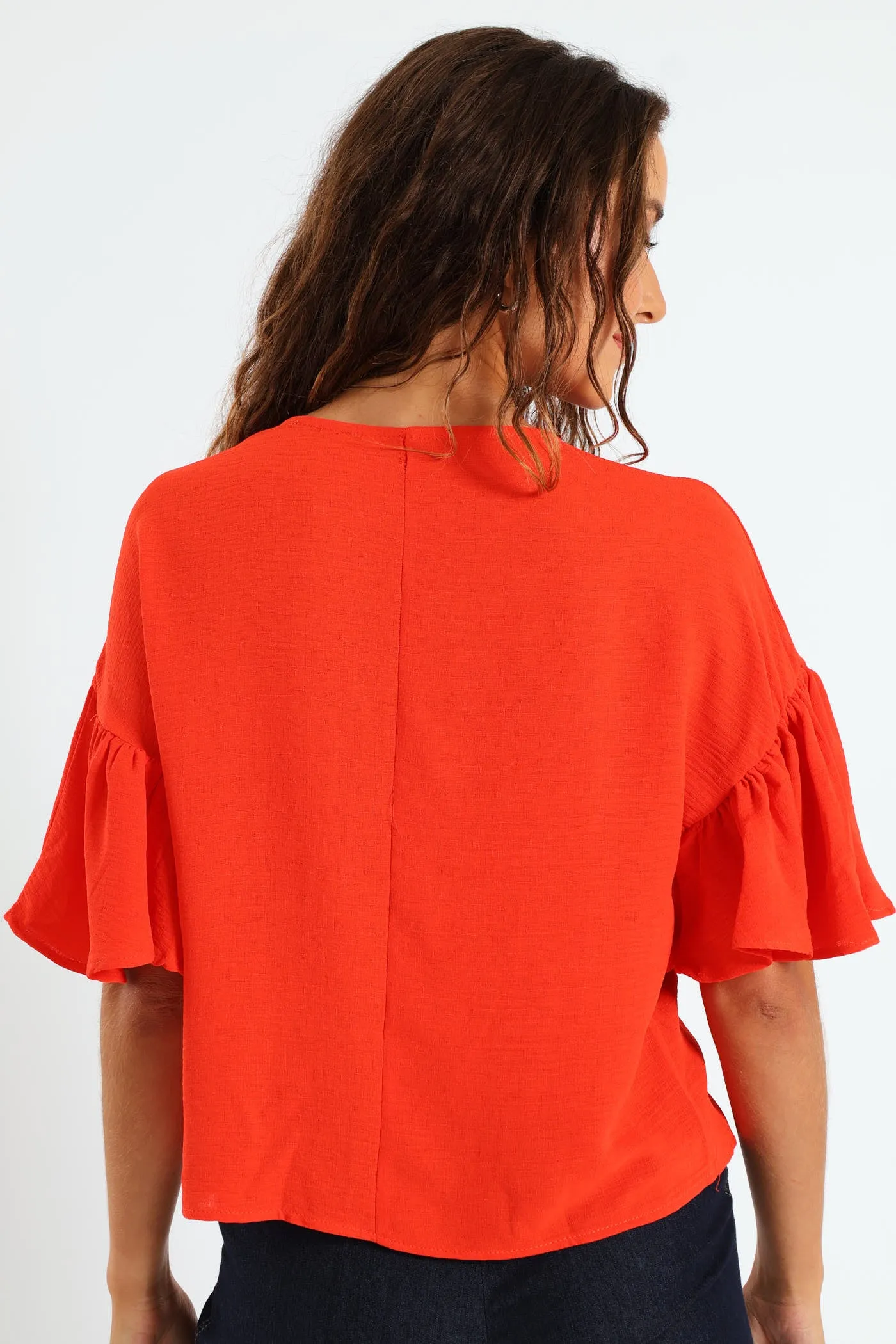 Oversized Frill Sleeve Boxy Top - Bright Orange