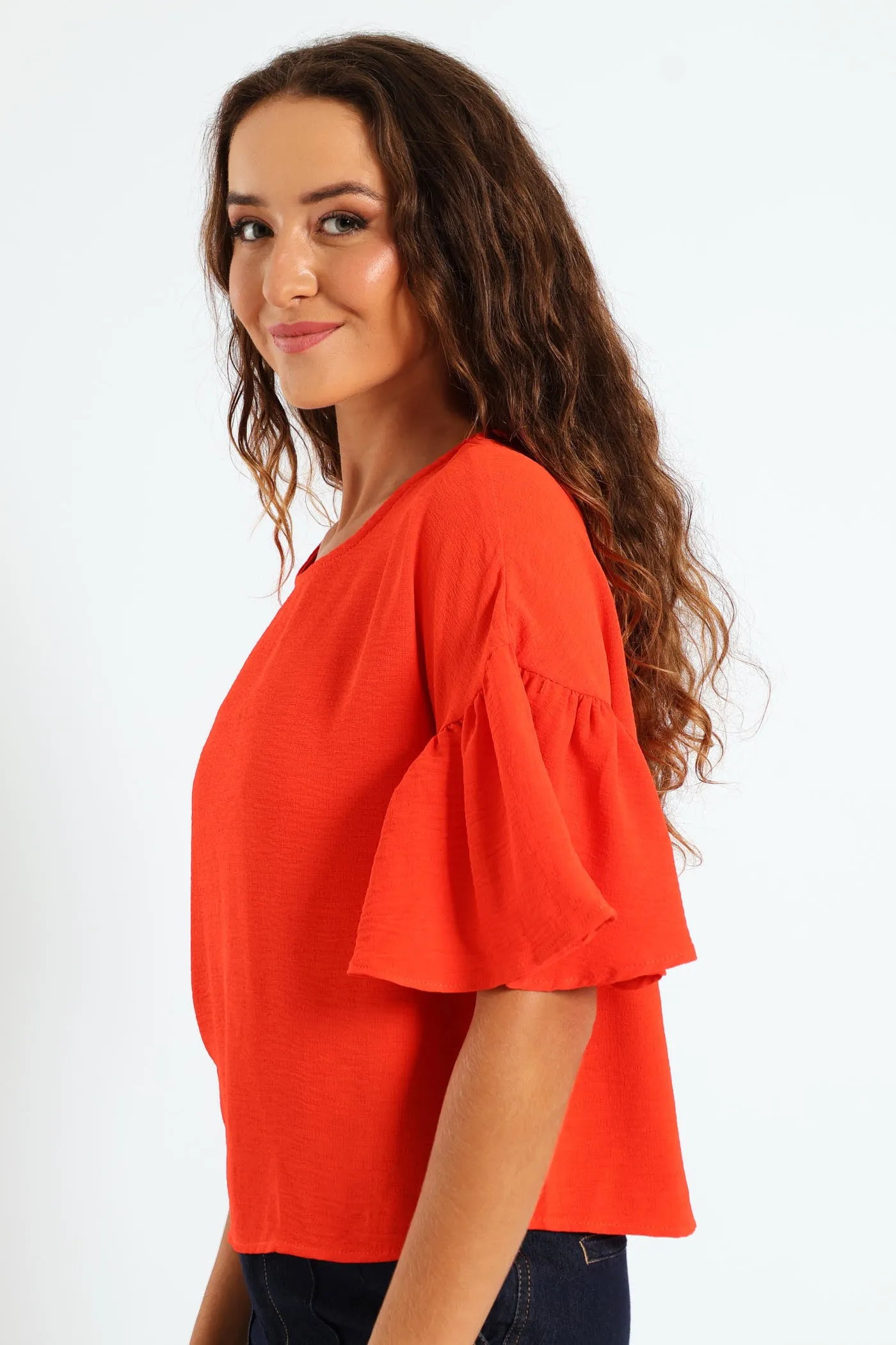 Oversized Frill Sleeve Boxy Top - Bright Orange